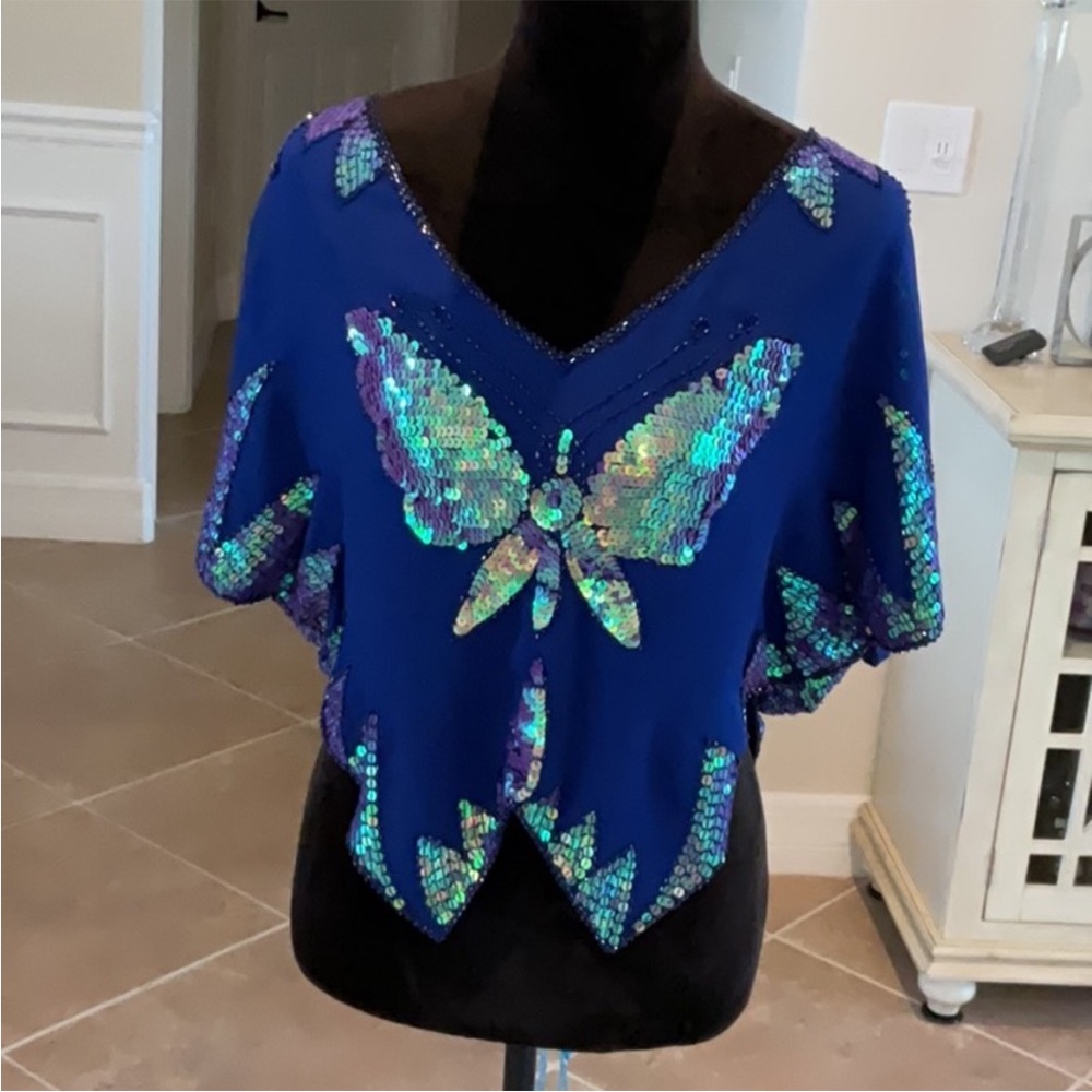 Free People Blue Sequin Butterfly Blouse